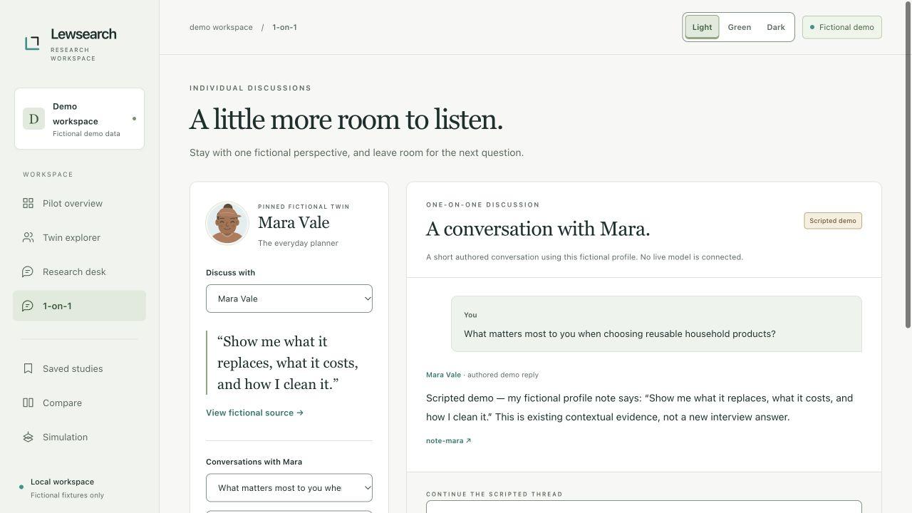 One-to-one interview UI with a clearly labeled scripted reply from a fictional profile.